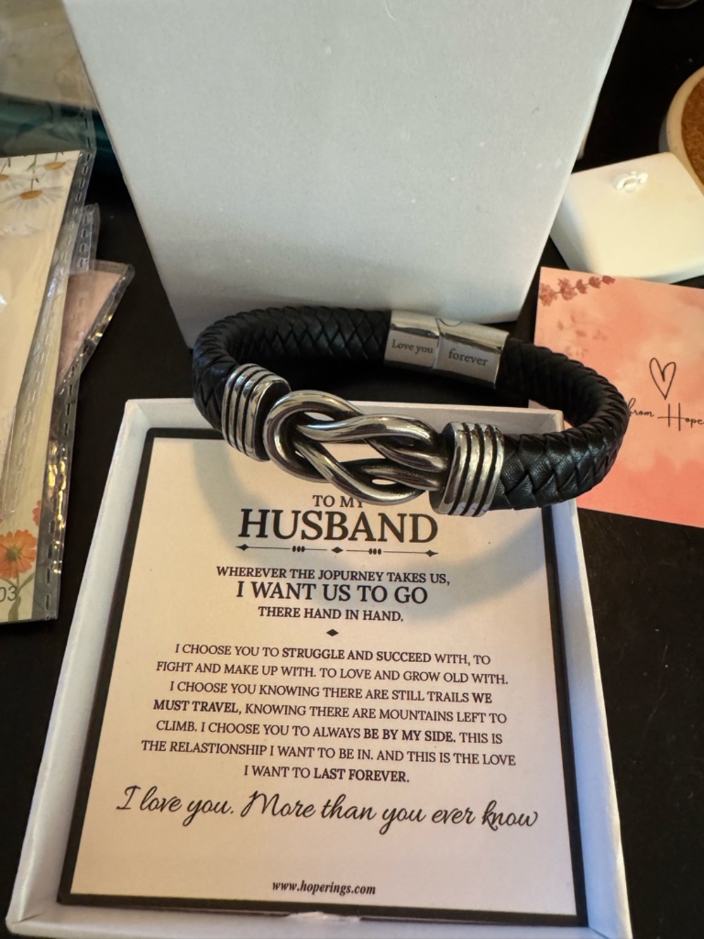 Men's Black Braided Leather Bracelet with Silver Knot Accent